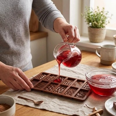   Remplissage de Moules en silicone avec la préparation.