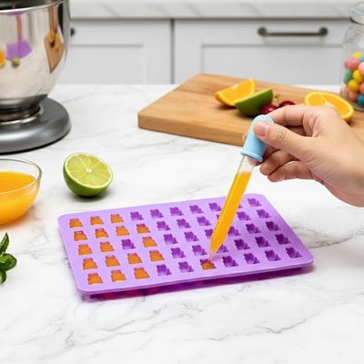 Remplissage de Moules en silicone mauve de gelifiants au fruits avec compt-goutte