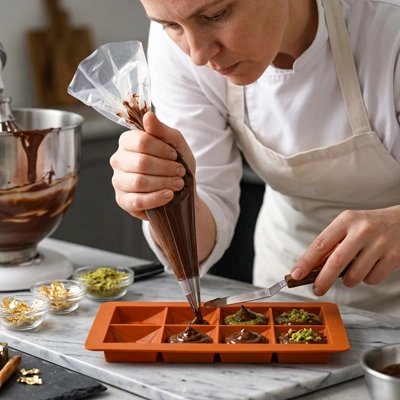 Remplissage Moule tablette chocolat avec crème chocolatée et pistache