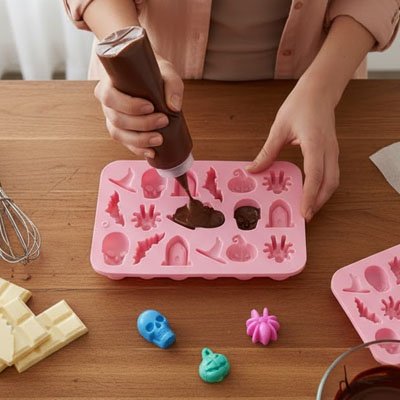  Remplissage  Moules en silicone avec pâte chocolat