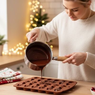 Remplissage Moules en silicone brun avec crème chocolatée