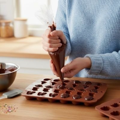  Remplissage Moules en silicone brun avec pâte chocolatée