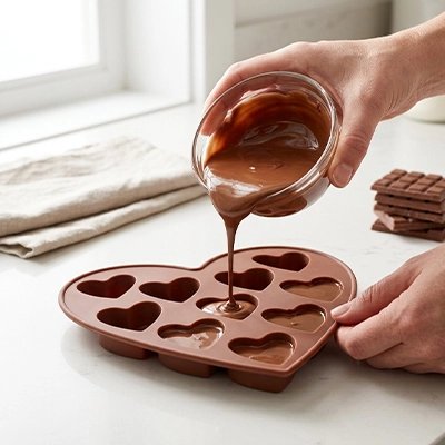 Remplissage Moules en silicone format coeur avec pâte chocolat