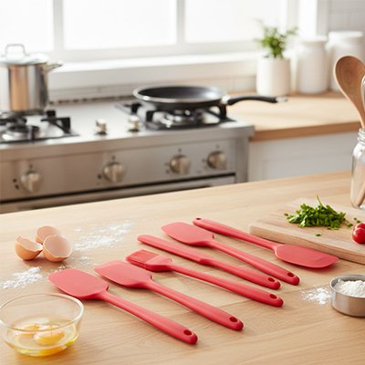  Set Spatule Cuisine  rouge déposé sur le comptoir