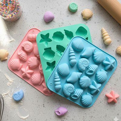Trois différentes couleurs de Moules en silicone  vert, bleu, rose présentées sur la table