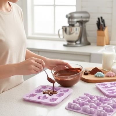 Utilisation de Moule silicone mauve pour préparatiin de chocolat