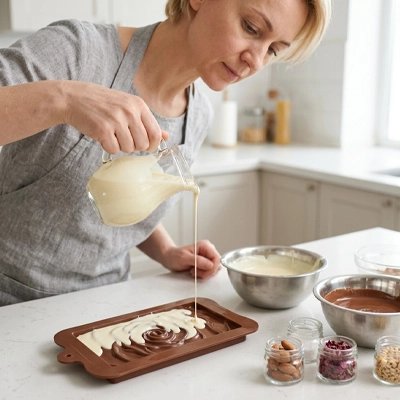  Versement crème blanche sur chocolat dans Moule tablette chocolat