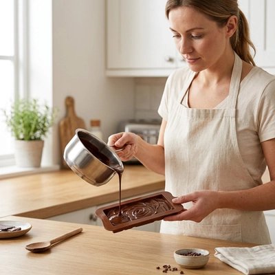 versement  pâte chocolatée dans Moule tablette chocolat